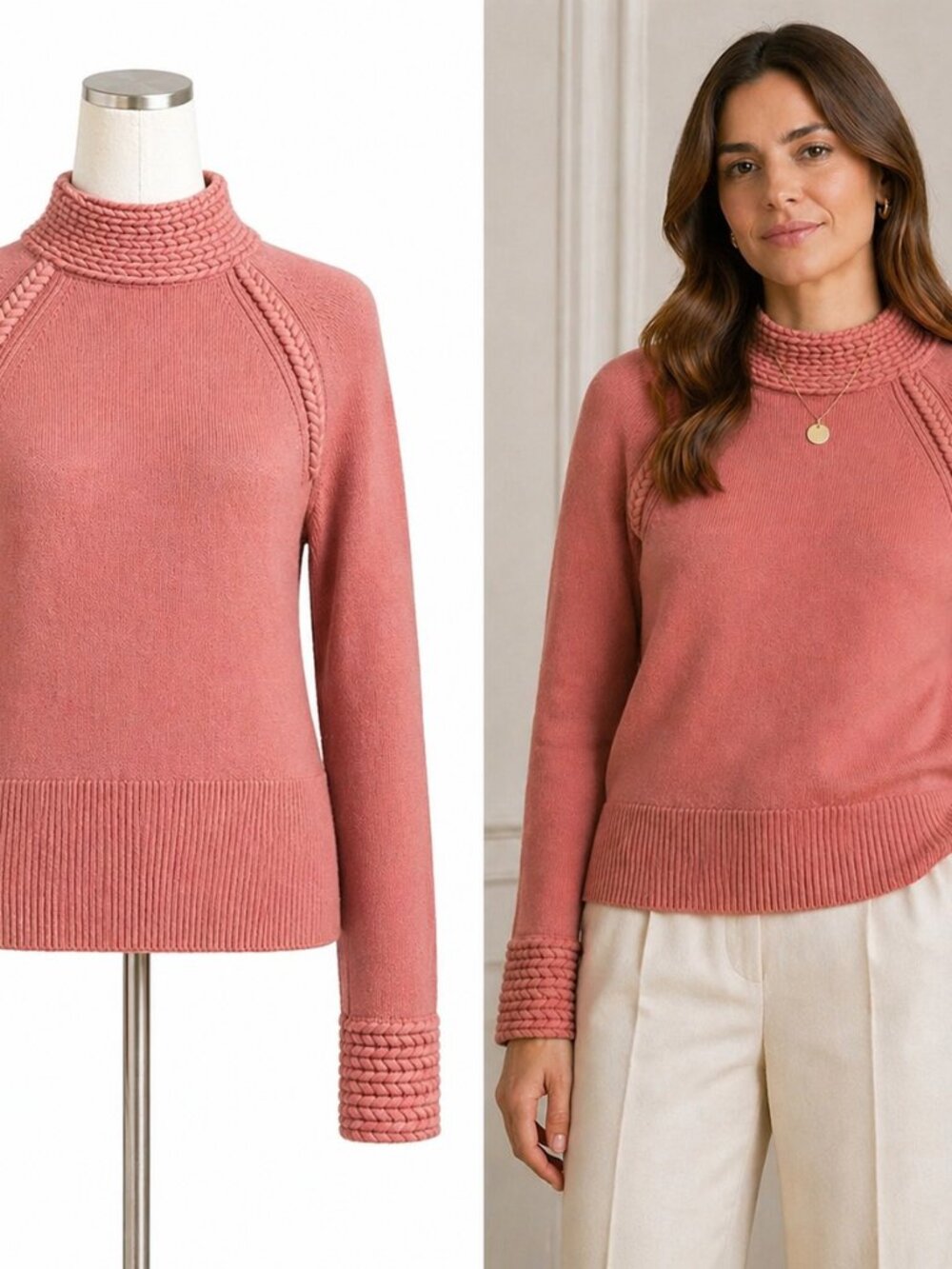 Etcetera Pink Wool Blend Braided Small Cottagecore Romantic Luxe Mock Neck Knit